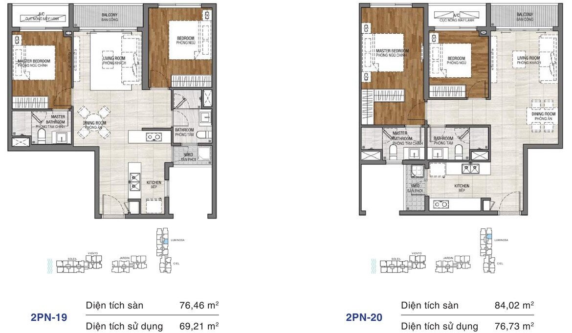 Dự án căn hộ One Verandah Quận 2 - Layout 2 phòng ngủ 76,46m2 và 84,02m2