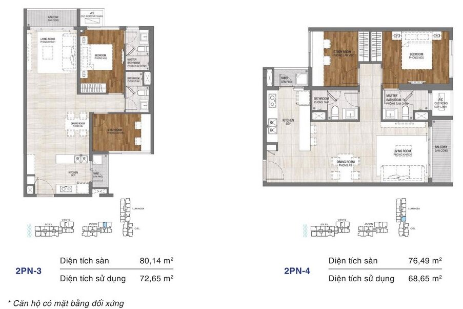 Dự án căn hộ One Verandah Quận 2 - Layout 2 phòng ngủ 76,49m2 và 80,14m2