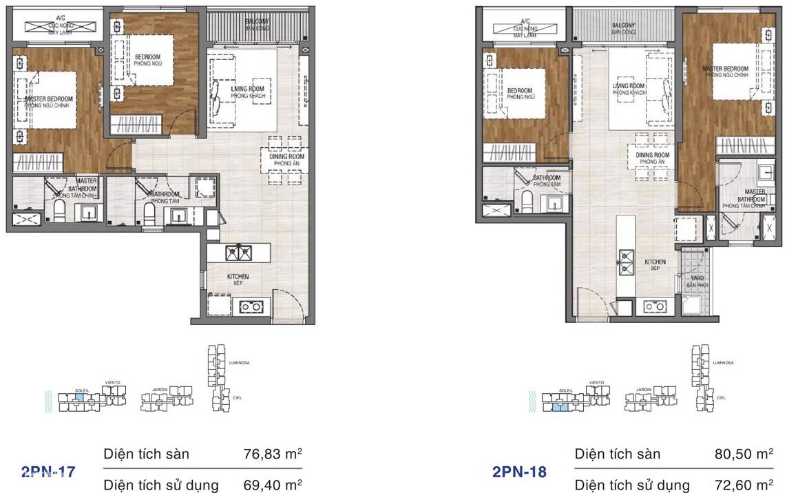 Dự án căn hộ One Verandah Quận 2 - Layout 2 phòng ngủ 76,83m2 và 80,50m2