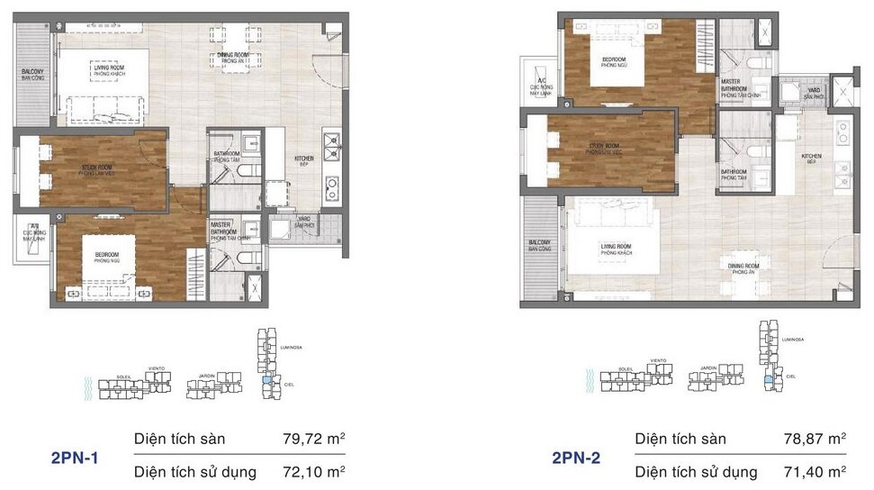 Dự án căn hộ One Verandah Quận 2 - Layout 2 phòng ngủ 78,87m2 và 79,72m2