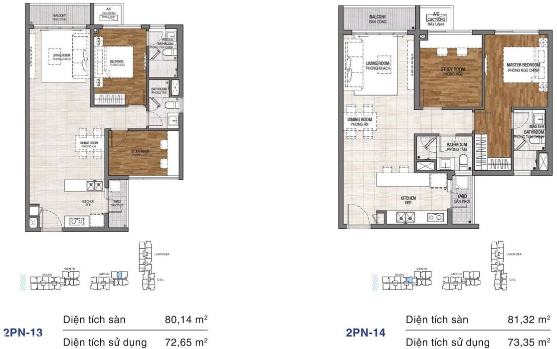 Dự án căn hộ One Verandah Quận 2 - Layout 2 phòng ngủ 80,14m2 và 81,32m2