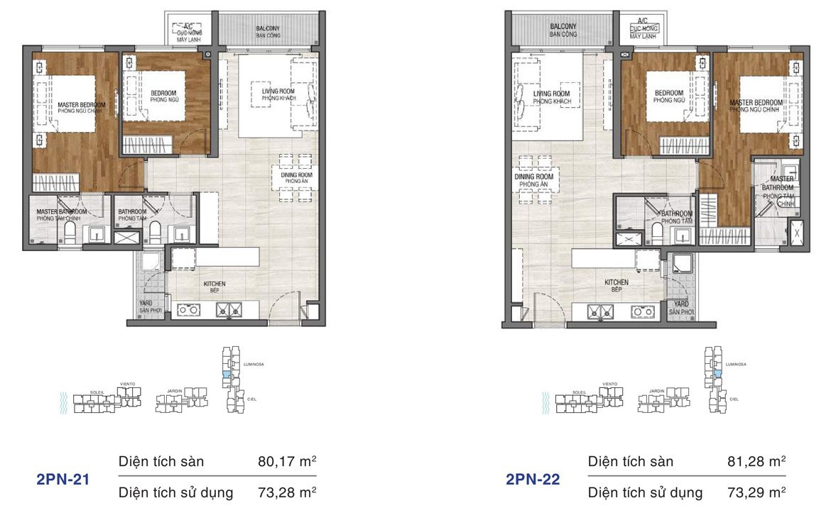 Dự án căn hộ One Verandah Quận 2 - Layout 2 phòng ngủ 80,17m2 và 81,28