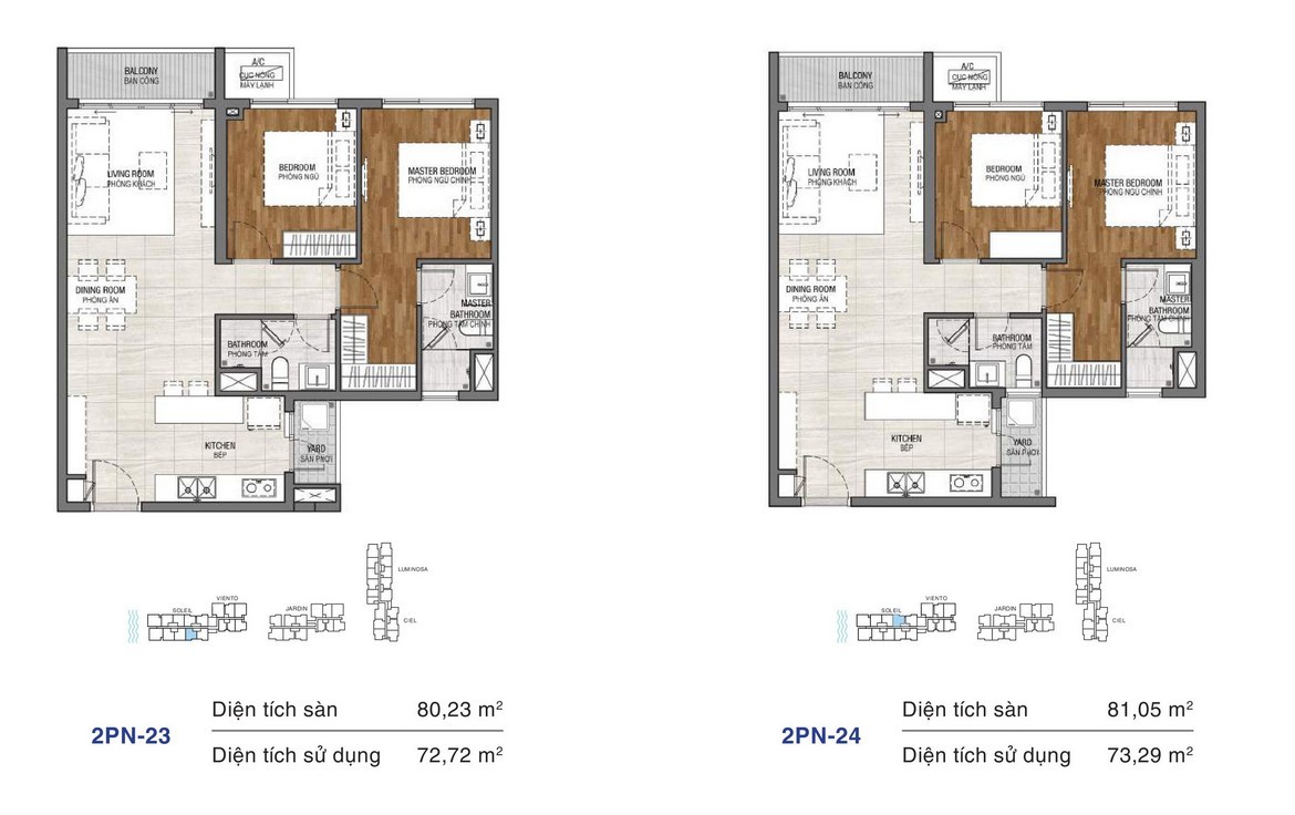 Dự án căn hộ One Verandah Quận 2 - Layout 2 phòng ngủ 80,23m2 và 81,05m2