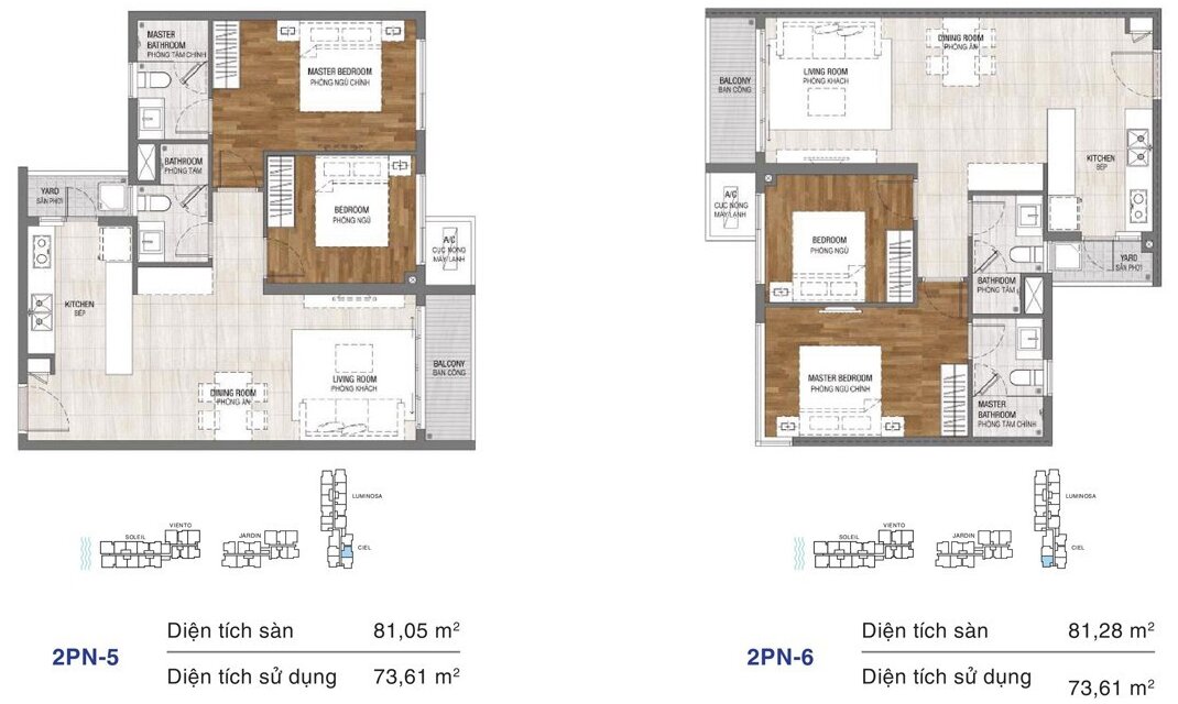 Dự án căn hộ One Verandah Quận 2 - Layout 2 phòng ngủ 81,05m2 và 81,28m2