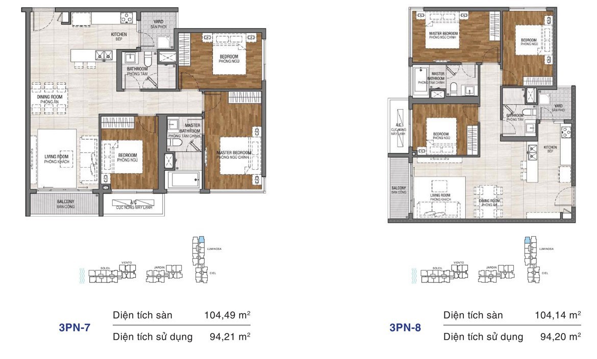 Dự án căn hộ One Verandah Quận 2 - Layout căn 3 phòng ngủ 104,49m2 và 104,14m2