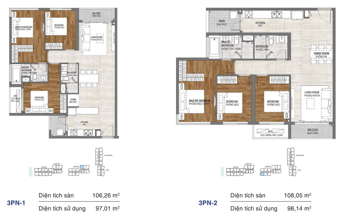 Dự án căn hộ One Verandah Quận 2 - Layout căn 3 phòng ngủ 106,26m2 và 108,05m2