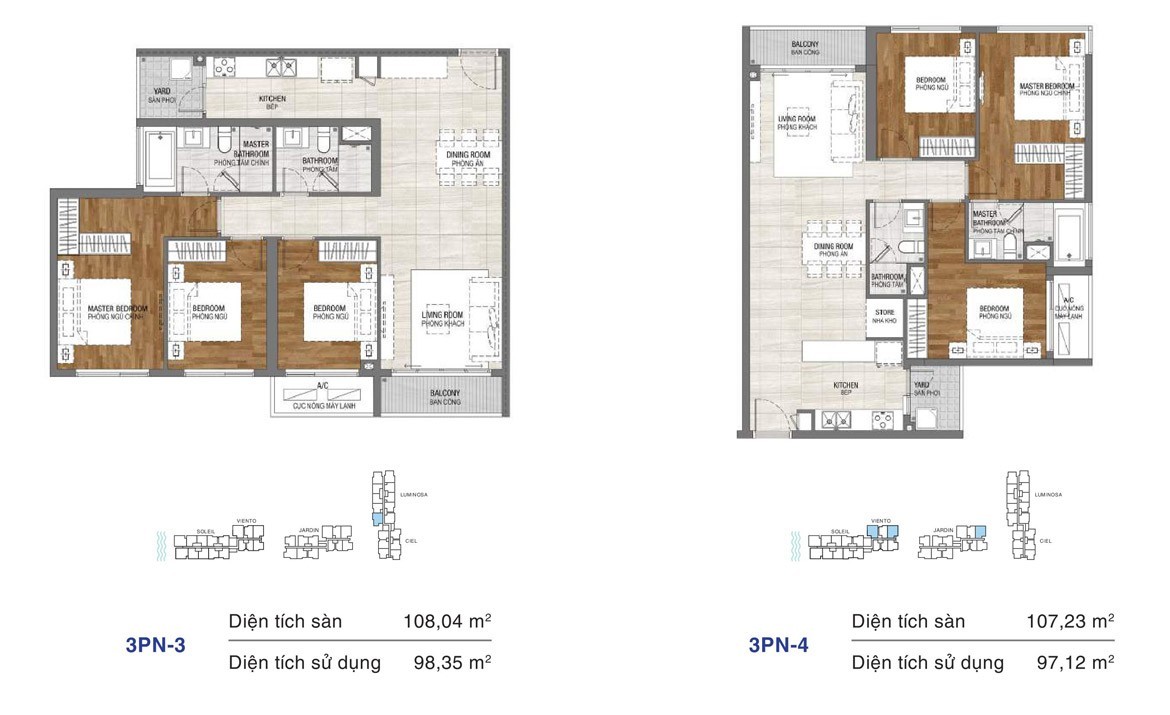 Dự án căn hộ One Verandah Quận 2 - Layout căn 3 phòng ngủ 107,23m2 và 108,04m2