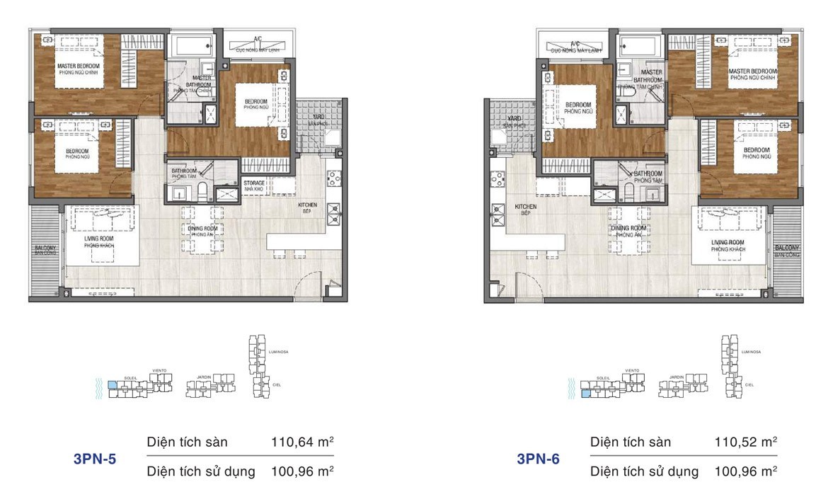 Dự án căn hộ One Verandah Quận 2 - Layout căn 3 phòng ngủ 110,52m2 và 110,64m2